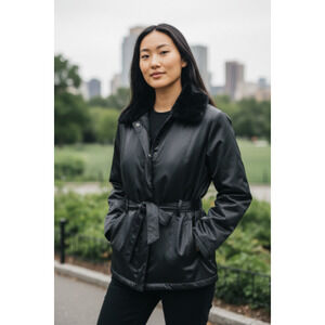 4572)Giacca Gallery Black Faux Leather with Faux Fur Collar Belted Coat Large